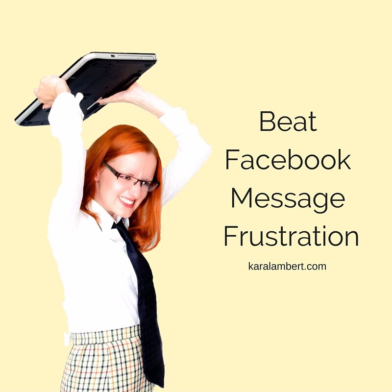 A frustrated woman holding up a laptop displaying a Facebook message.