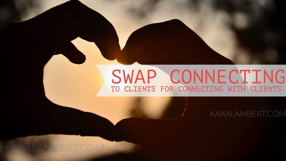 A pair of hands making a heart shape with the words swap connecting to clients for connecting with friends on our Facebook Page.