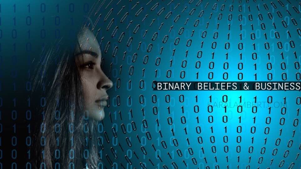 A woman in front of a blue background with the words donna's business promoting binary beliefs.