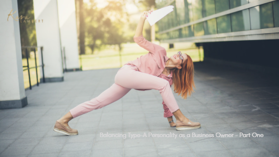 A woman with a balancing personality doing a yoga pose in pink pants, successfully managing her business as an owner.