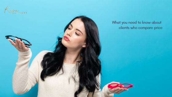 A woman holding a pair of glasses in front of a blue background, helping clients compare prices.