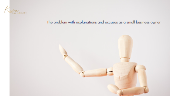 A wooden mannequin with the words, the problem with expectations is a small business explanation over.