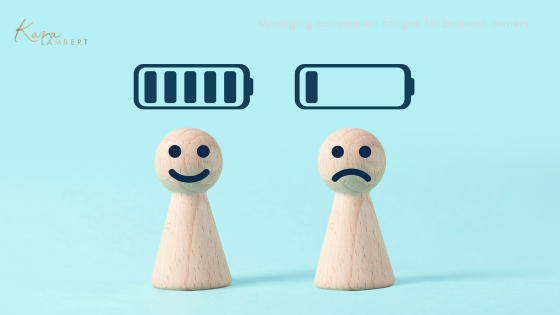 Two wooden figurines: left one with a happy face and a full battery icon above, right one with a sad face and an empty battery icon above. Text in the background reads, "Managing compassion fatigue for business owners.