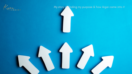 A group of white arrow cutouts point upwards on a blue background, with one arrow positioned ahead of the rest. Text reads, "My personal journey of finding my purpose & how ikigai came into it".