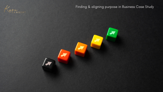 Five colored cubes arranged in ascending order with arrow icons on a black background. Text in the corner reads: "Finding your purpose case study: Aligning business goals.