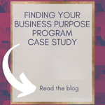 Text reading "Finding Your Purpose Case Study Program" with a "Read the blog" button, set against a backdrop of abstract shapes.