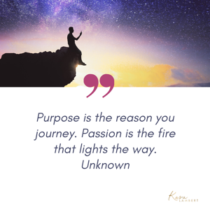 A silhouette of a person sitting on a cliff edge under a starry sky with a quote about business purpose and passion by an unknown author. The quote is attributed to Kara Lambert.