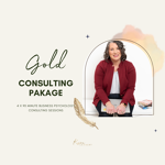 A woman sits and smiles, eagerly endorsing the top-tier "Gold Consulting Package" that provides four in-depth 90-minute sessions featuring expert advice in business psychology.