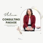 A woman sits beside promotional text for a platinum consulting package offering six 90-minute business psychology consultations, highlighting an enhancement from the esteemed Gold Consulting Package for those desiring advanced insights.